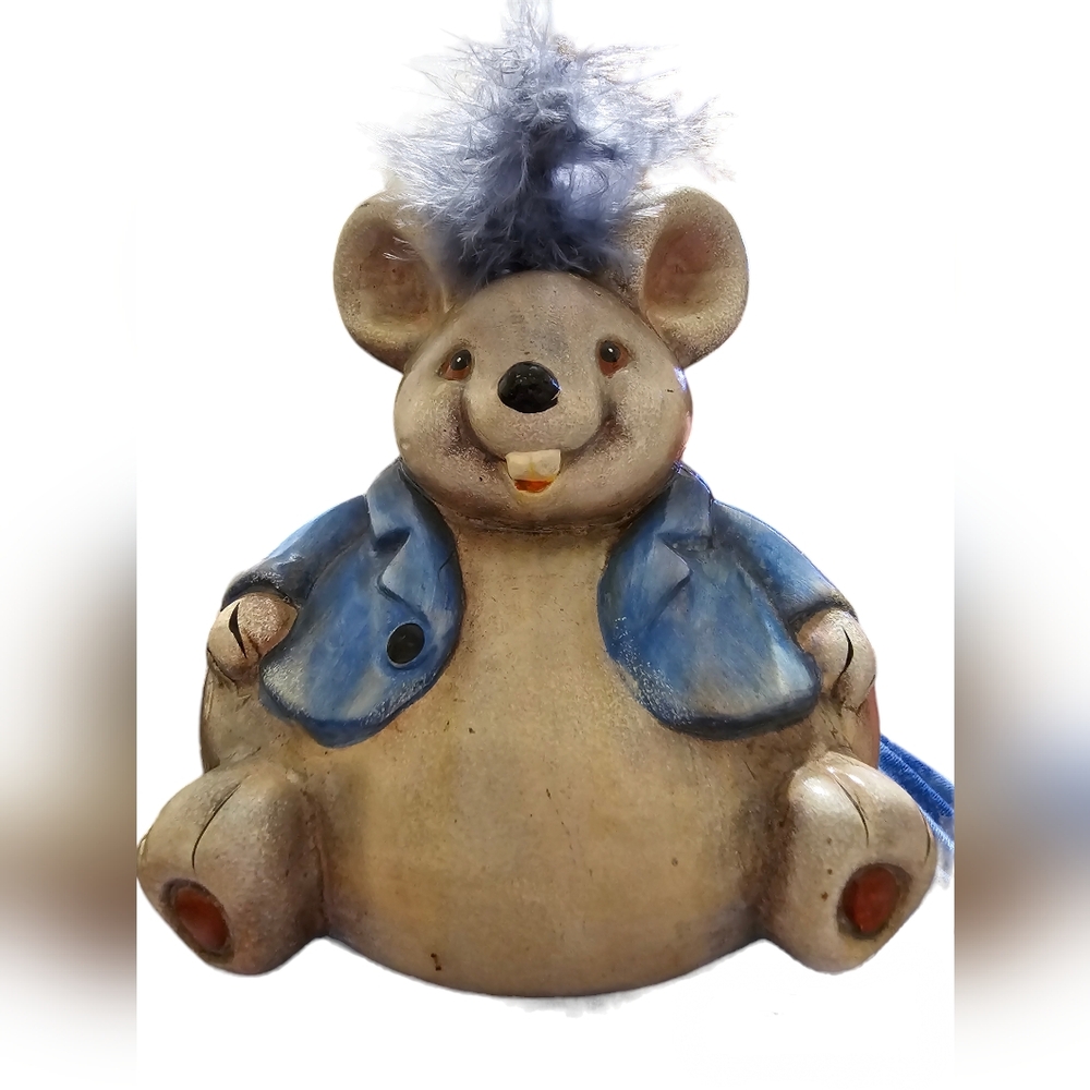 Vintage Ceramic Funny Mouce with soft blue feather hair. Collectible.